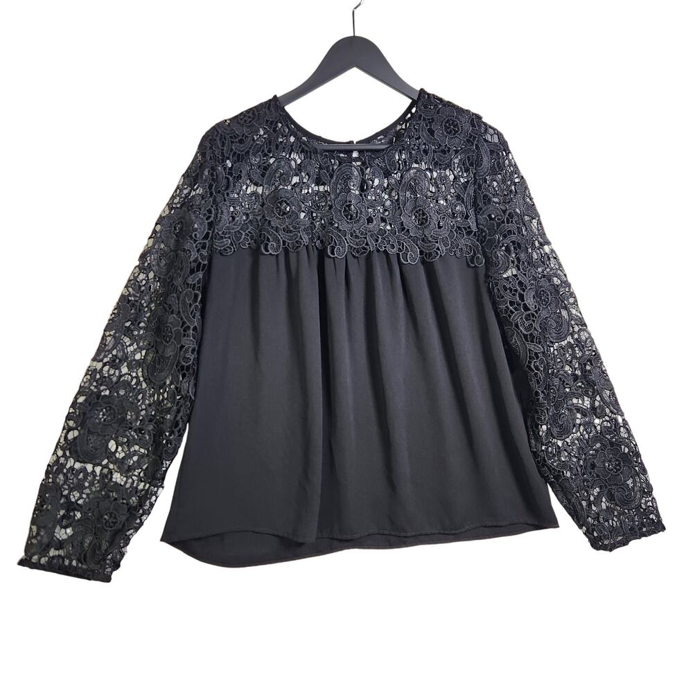 J Crew Crochet Floral Lace‎ Swing Top XL Black Long Sleeve Witchy Corporate Goth